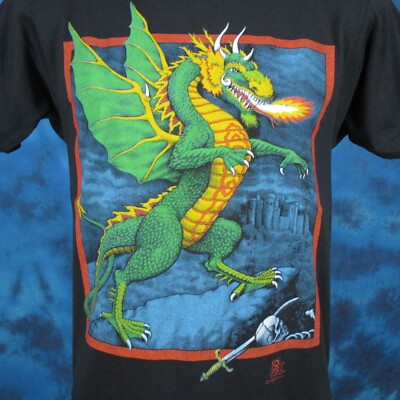 vintage 80s FIRE BREATHING DRAGON T-Shirt SMALL fantasy dungeon