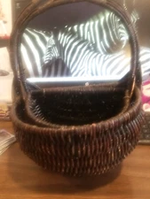 (TWO) HANDCRAFTED BROWN BASKET WITH WOOD HANDLE, 8" LONG, 5" WIDE, 12" TALL