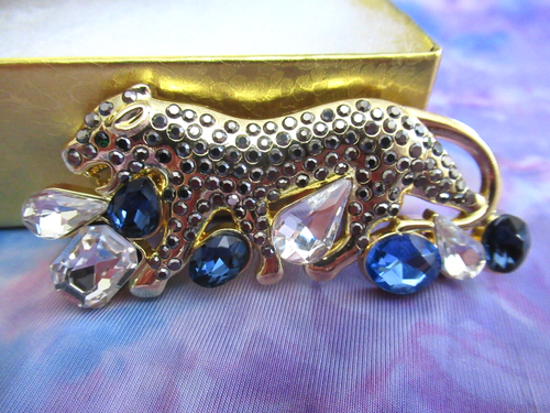 Golden Leopard Car Crystal Rhinestones & Blue Stone Small Brooch NEW - Picture 4 of 5