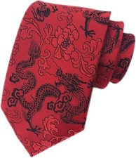 Men's Novelty Silk Tie Dragon Peony Embroidery Woven One Size Black Red