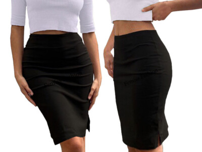GIRLS SCHOOL SKIRT BLACK NAVY BLUE GREY WOMEN BODYCON MIDI STRETCH PENCIL  SKIRTS UK