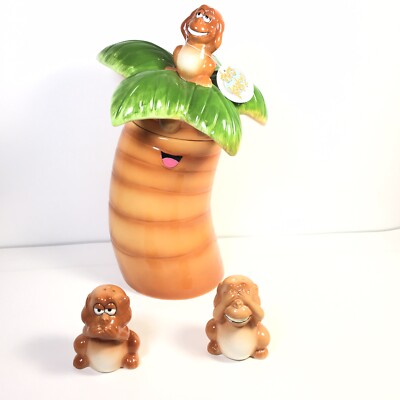 Palm Tree Monkeys Cookie Jar Shakers Hear Speak See No Evil That s Kooky Retired