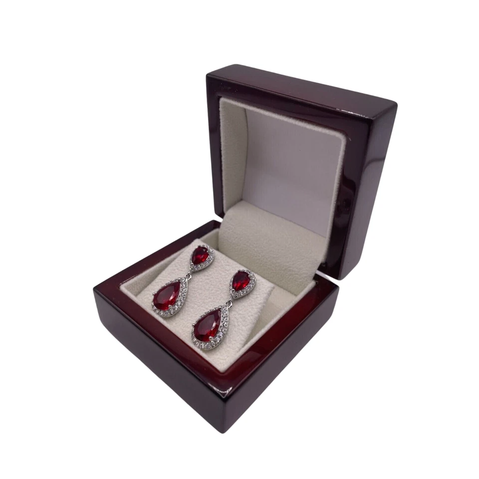 WHITE GOLD FINISH Red Ruby pear cut created diamonds droplet earrings - Image 2 of 4