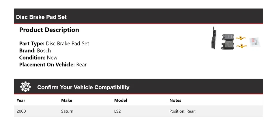 Pastillas de freno traseras semimetálicas Bosch QuietCast 2000 Saturn LS2 Foto 2 de 4