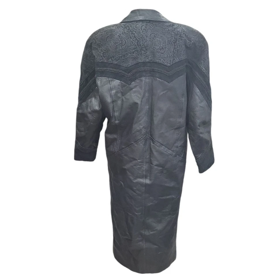 Vintage 1980s Leather Long Black Trench Coat Paisley Goth Cosplay Womens Size L - Image 3 of 4