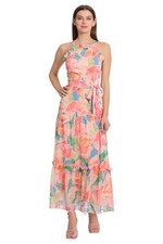 Maggy London Womens Dresses Halter Neck Chiffon Maxi with Ruffle Details, Sky Bl