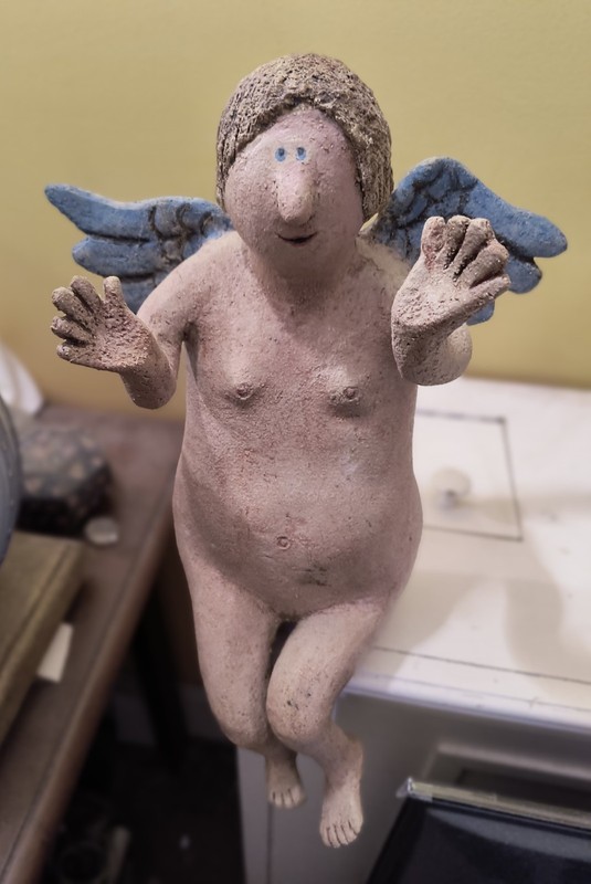Signed Folk Art Angel Made of Painted Concrete?  Very Funky and Cool and Heavy!