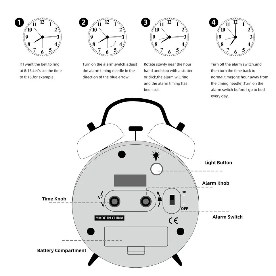 Alarma Fuerte para Durmientes Profundos 4"" Retro Doble Campana Reloj Despertador con Retroiluminación para Foto 2 de 4