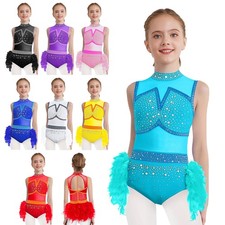 Girls Jazz Latin Tutu Leotard Rhinestones Cutout Back Feather Skirt Ballet Dance