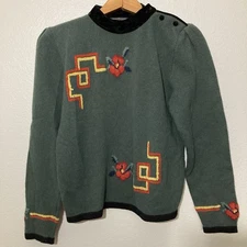 Vtg Herman Geist Wool Sweater Women S Green Hand Embroidered Floral 80s Cottage