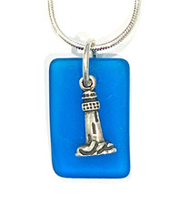 Sea Glass Inspired Blue  Sterling Silver Light House Pendant  18" Necklace
