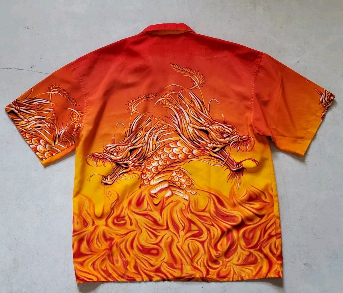 HAWAIIAN Mo'o Dragon Shirt Mens L Orange Silk Blend Fire and