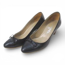 CHANEL Pumps Heel Punching Coco Mark Leather Black Women's Size EU34.5/US4