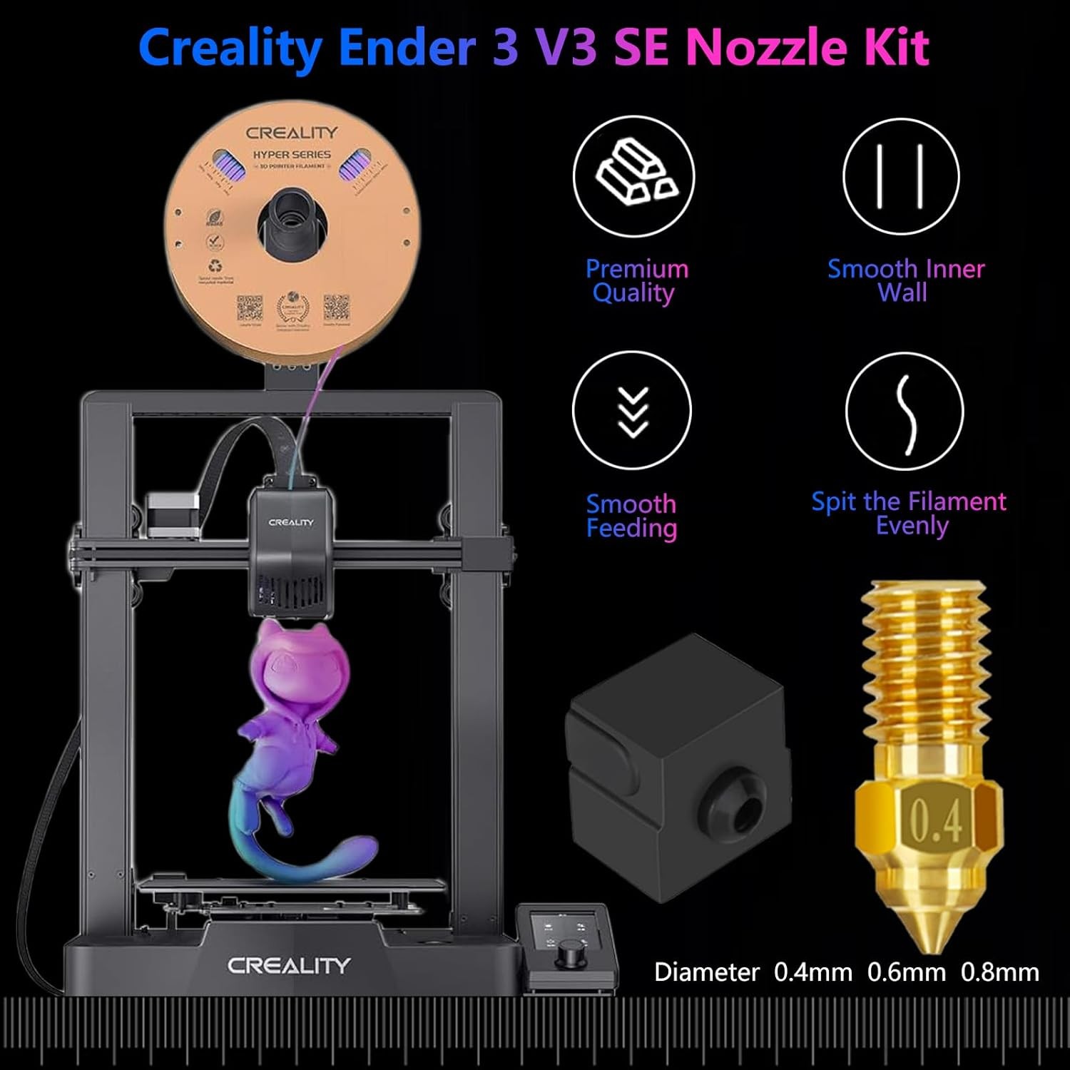 Comgrow 6pcs Ender 3 V3 SE Nozzle Kit, 3D Printer Brass 0.4mm 0.6mm 0.8mm 