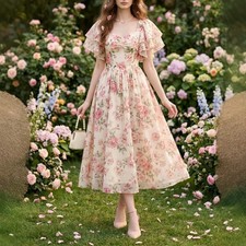 Women's Floral Midi Dress Square Neck Puff Sleeve Elastic Waist Slim