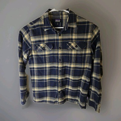 Patagonia Fjord Flannel Shirt Mens Medium Blue Yellow Plaid Hiking Gorpcore