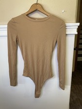 Elodie Beige Long Sleeve Thong Bodysuit Size XS Crew Neck