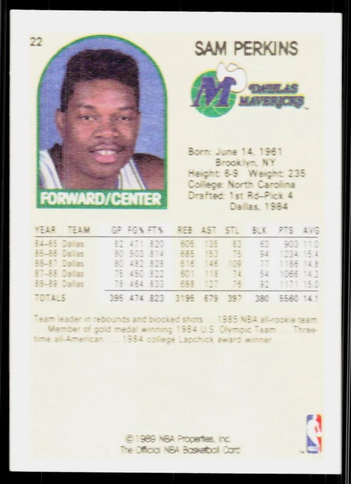 Sam Perkins, 1989-90 Hoops Superstars, #22, Dallas Mavericks, Yellow - Image 2 of 2