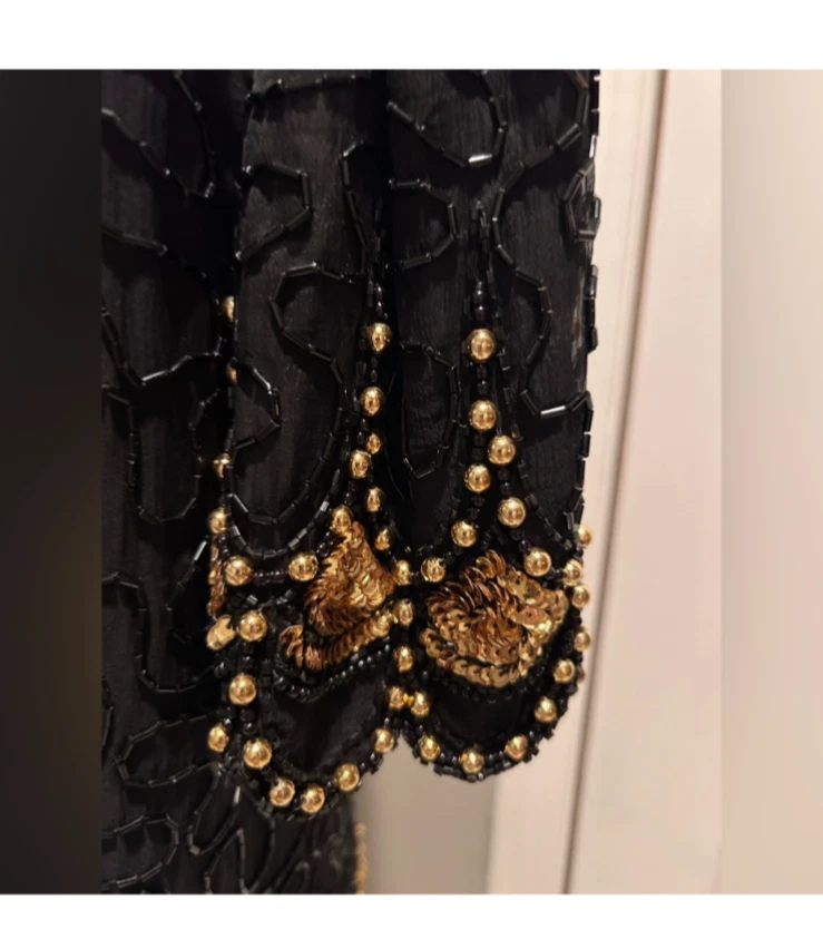 Blusa vintage años 80 Laurence Kazar grande negra lentejuelas adornada con cuentas flapper Foto 4 de 4