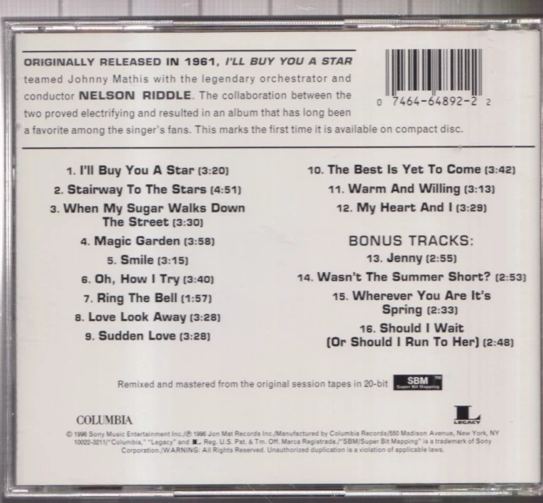 1 CENT CD Johnny Mathis/ Nelson Riddle & Orchestra – I'll Buy You A Star - Image 2 of 2