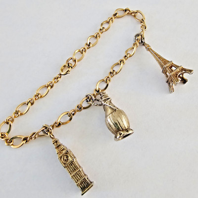 GF Charm Bracelet Europe Souvenir Big Ben Eiffel Tower & Wine Bottle 7in