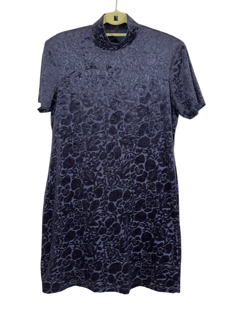 KC Spencer Dress Women M Blue Mock Neck Floral Burnout Retro 80s Y2K Velvet