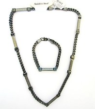 SET OF 2 BLACK TONE S/ STEEL CUBAN,WHEAT CHAIN THICK NECKLACE,BRACELET-MSRP $280