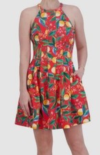 Vince Camuto Womens' Red Scuba FloralHalter-Neck Sleeveless A-Line Dress Size 10