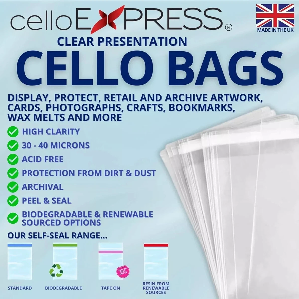 Bolsas para violonchelo biodegradables tarjetas y fotos transparentes auto selladas ✅ Bolsas de exhibición de celofán
