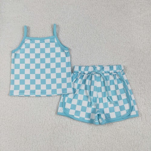 Summer Baby Girls Sibling Wear Checked Strap Tank Top Shorts Boutique Set - Picture 2 of 5