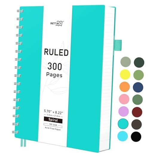 A5 College Ruled Spiral Notebook 300 Pages Tiffani Blue 5.7 Inch