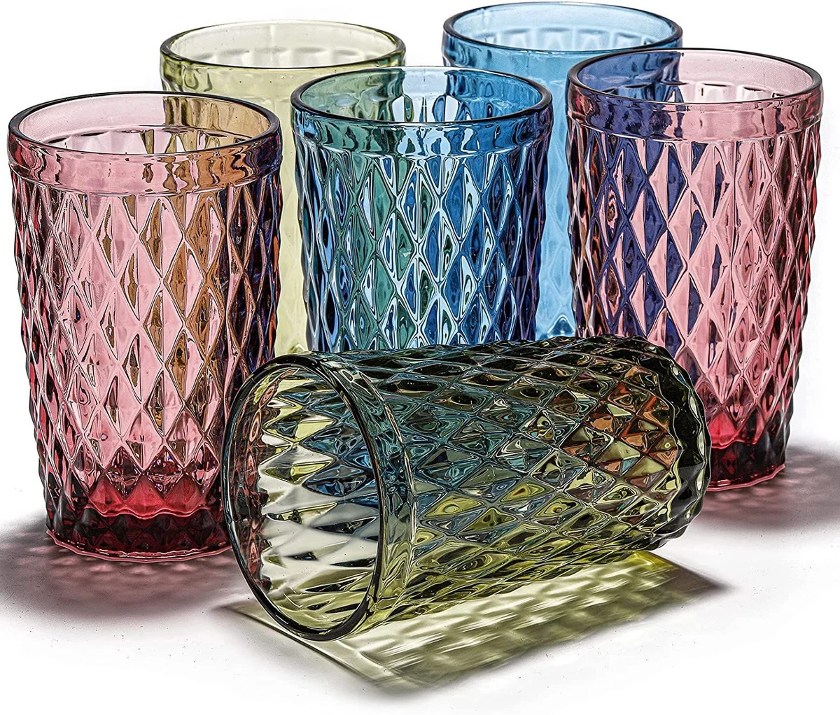 ZOOFOX Set of 6 Colored Drinking Glasses, 12oz Embossed Tumblers