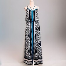 Adrianna Papell Sz S Ikat Print Maxi Strappy Dress Blue White Navy Beachy Boho