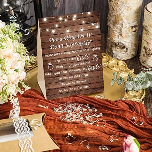 "Put A Ring On It" Bridal Shower Game - 50 Fake Rings & Rules Card, Rustic Greenery Theme Wedding Party Game