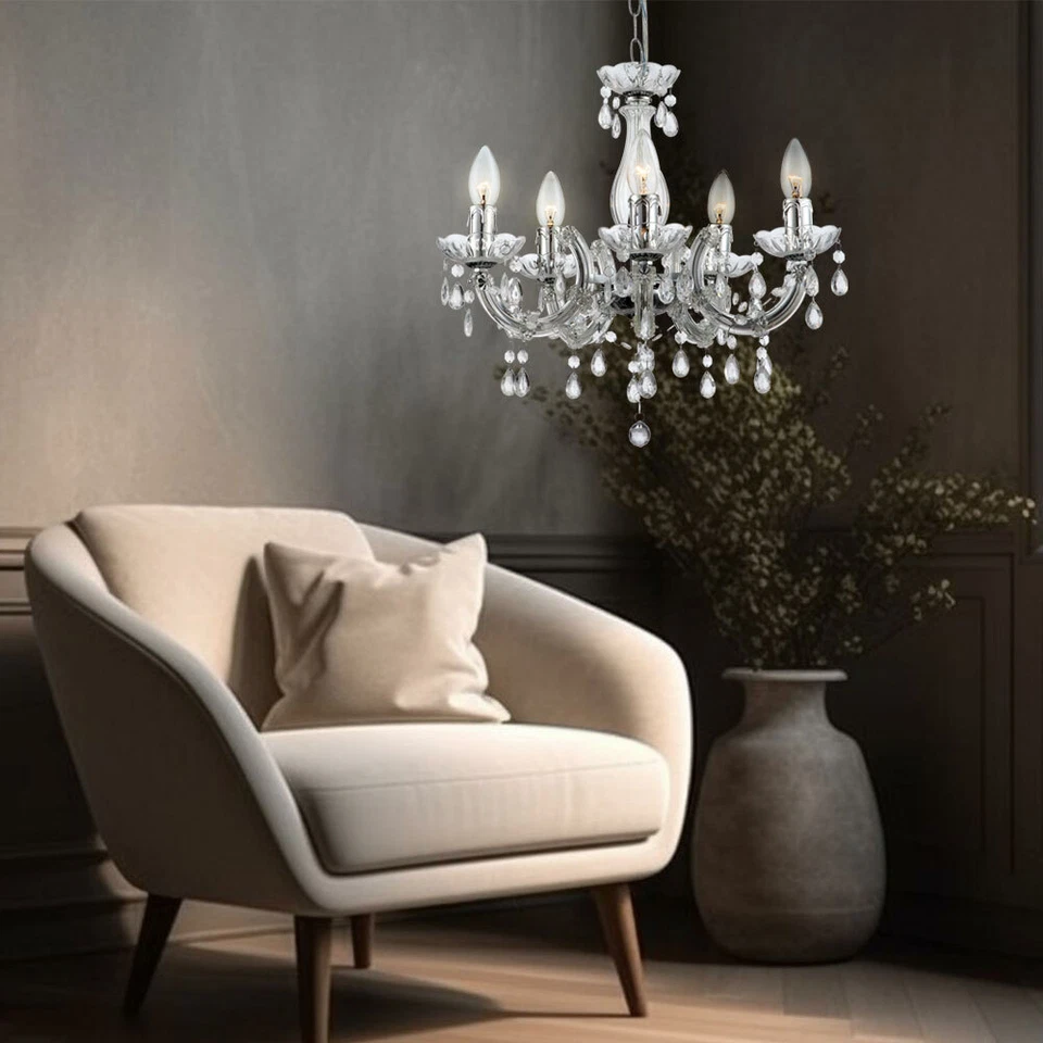 Luce a Sospensione Lampadario Rosso Cristalli Cromo Trasparente 5 Fiamma E14 - Immagine 4 di 4