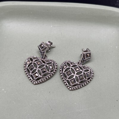 Beautiful 925 Sterling Silver Marcasite Heart Dangle 1/4” Earrings