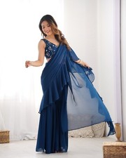 New Heavy Georgette Blue Saree With Designer Blouse For Reception Wedding Wear