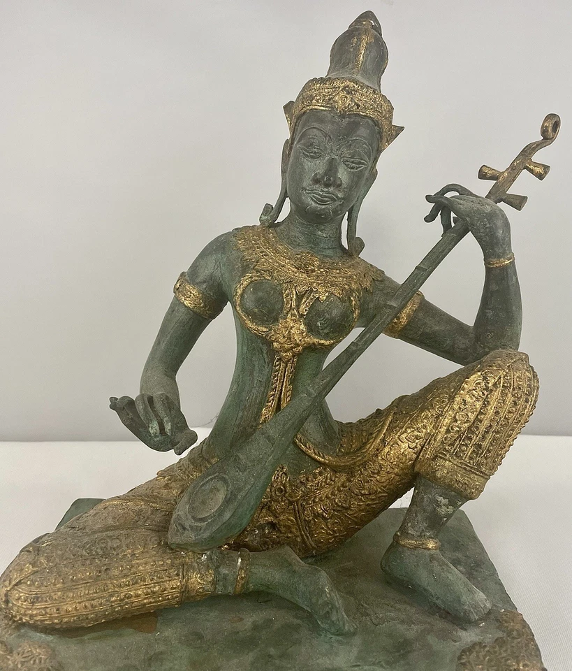 Vintage Gilt Bronze Thai Prince Deity Figure Playing a Lute Circa 1950's - Image 2 of 4