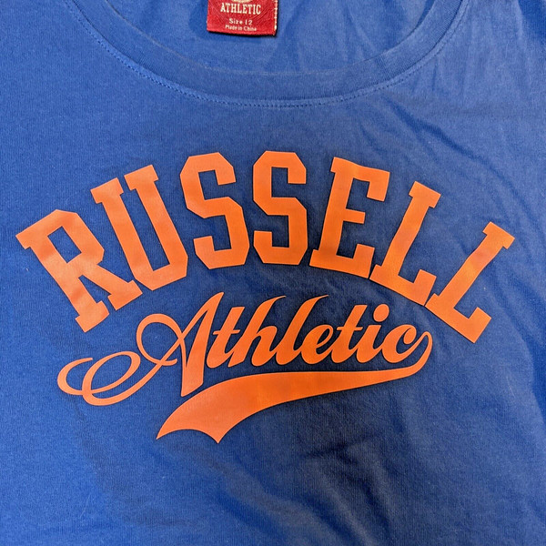 RUSSEL ATHLETIC Quality Cotton Tee Women Size 12 BRIGHT BLUE with ORANGE LOGO.