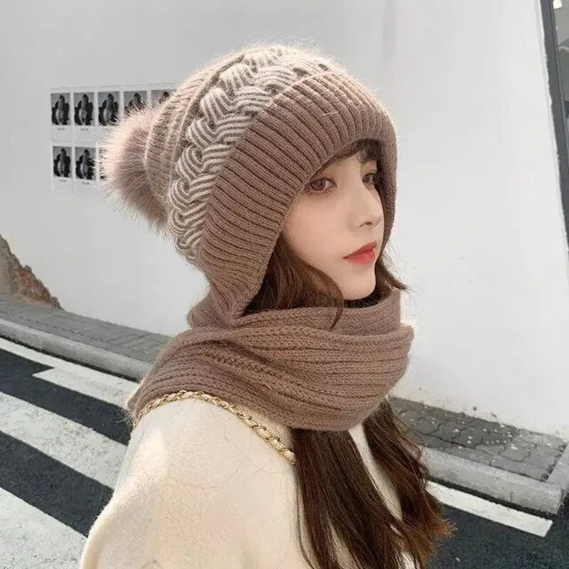 Stylish Women's Winter Hat and Scarf Set - Cozy Rabbit Hair Blend Knit Beanies