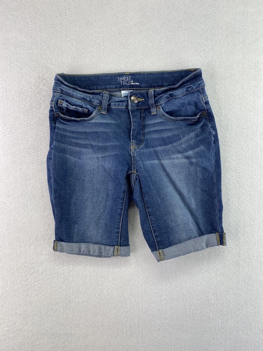 Time And Tru Womens Size 4 W28 Medium Wash Mid Rise Cuffed Denim Jean Shorts