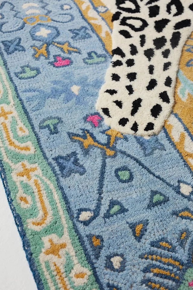 Octavia Leopard Blue & Gold Modern Hand-Tufted 100% Wool Area Rug Carpet - Image 3 of 4