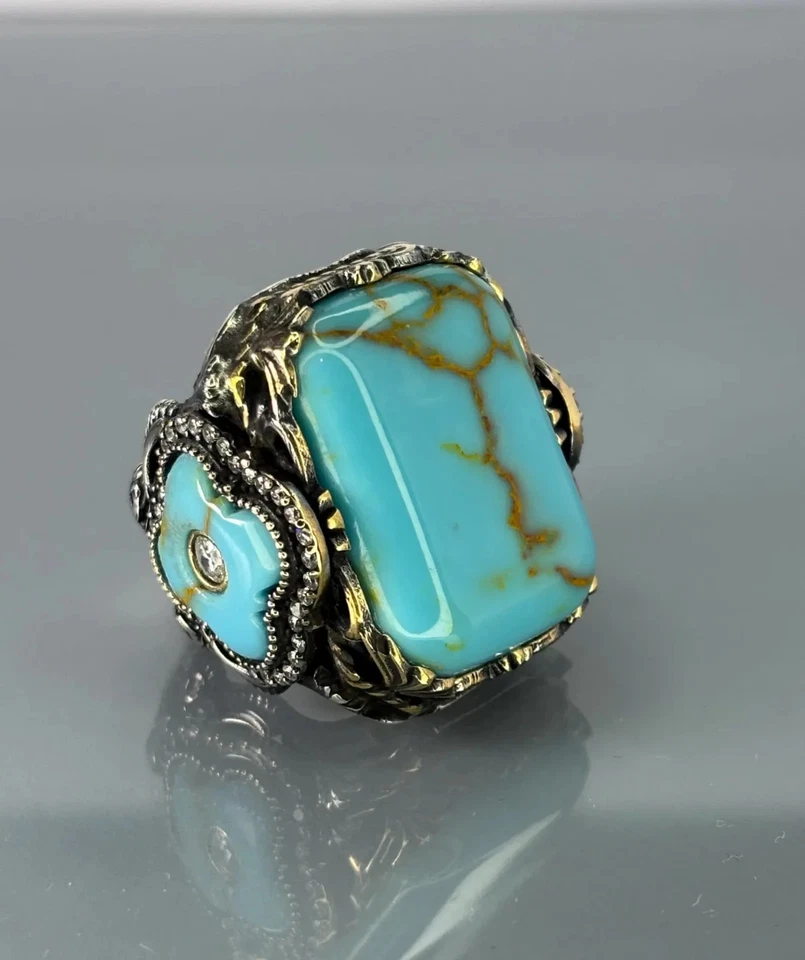 Anel masculino de prata esterlina 925 Aquamarine, anel de pedra preciosa azul turca - Imagem 2 de 4