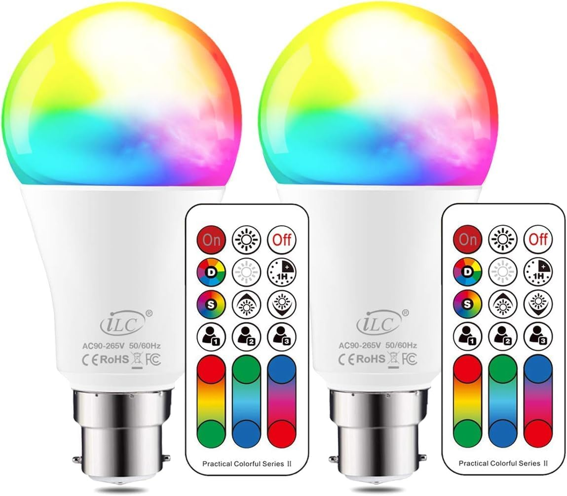 LED Light Bulbs, 75 Watt Equivalent, Colour Changing 10W B22 Bayonet RGBW Lights