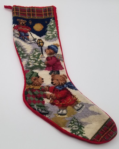 Vintage Needlepoint Christmas Stocking Skiing & Skating Bears 23" Velvet Back