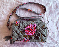 Vera Bradley Zip-Around Floral Wallet RFID Blocking Wrist Strap Gray Pink