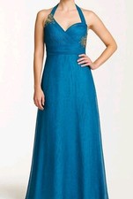 Cache Silk Embellished Beaded Gown Dress Long Teal Gold Prom 8 Leopard Print