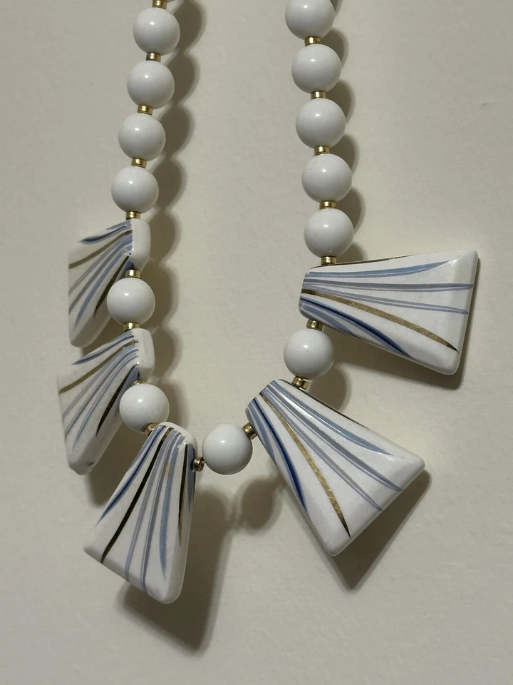 Collar Colgante Abanico Cuentas Blanco Azul, Vintage Hecho en Japón Foto 3 de 4