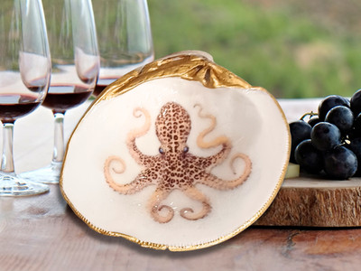 Speckled Octopus Decoupage Clam Shell Trinket Dish   Coastal Decor, Octopus Art