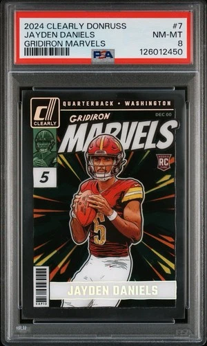 SSP CASE HIT🔥 2024 PANINI CLEARLY DONRUSS GRIDIRON MARVELS JAYDEN DANIELS PSA 8